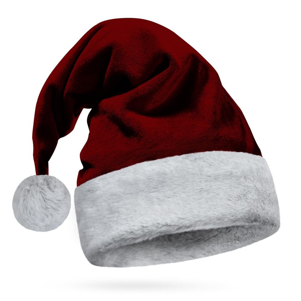 4782 Burgundy Velvet Santa Hat Gray Faux Fur, Soft Furry Wolf Trim